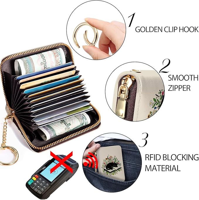Credit Card Holder RFID Wallet, Small Card Holder Wallet for Women with Keychain Zipper, Funny Leather Print Credit Card Wallets Accordion Gift