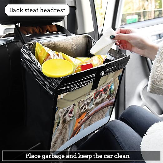 Funny Raccoon Driving Car Trash Can, Animal Foldable Hanging Car Trash Bag, Small Waterproof Car Accessories Garbage Bin