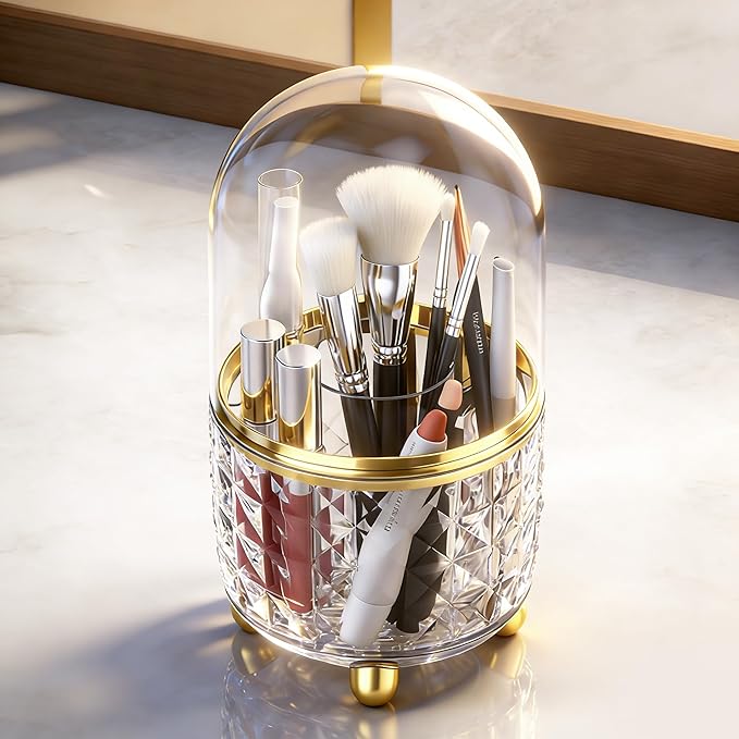 360° Rotating Pencil Holder for Desk, Makeup Brush Holder with 6 Slots, Desk Organizer for Writing Utensil, Office and School Supplies (Clear with cover)