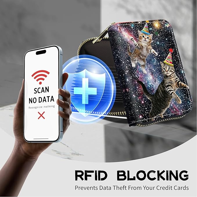 Cute Credit Card Holder with Zipper, Cats Galaxy Nebula RFID-Blocking Card Case Small Wallet for Women Men, Multi-slot Card Organizer Case Travel Accordion Wallet