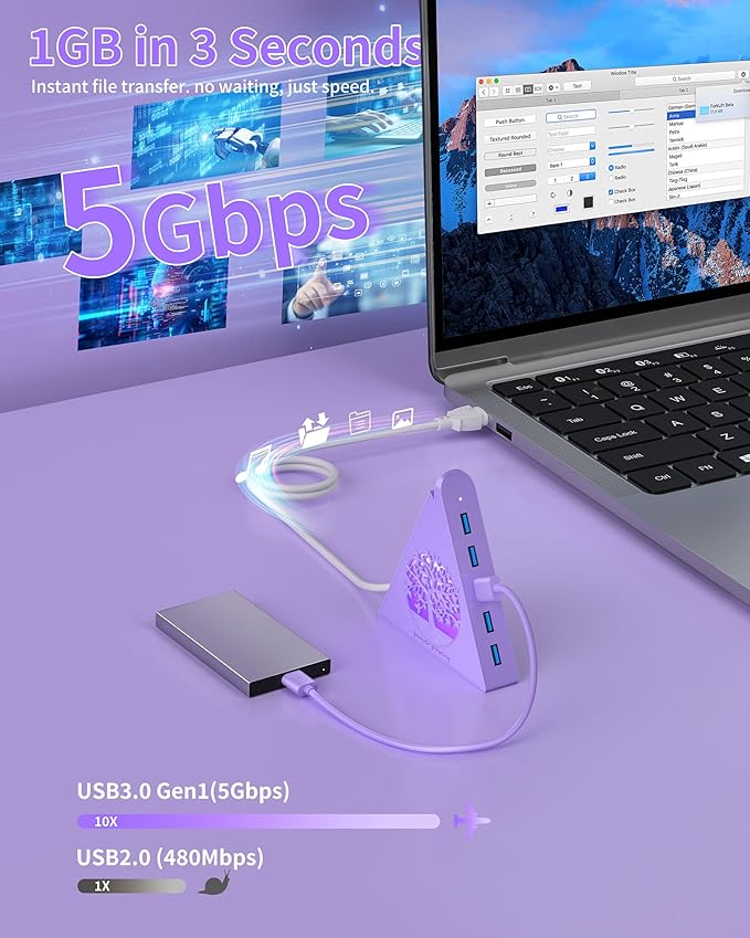 7-Port USB 3.0 Hub, Light Purple Vertical USB Splitter with Tree-Inspired RGB Lights, 5Gbps High-Speed Transfer, 2FT Cable, Compatible with MacBook, PC, Flash Drive, Console, Printer, Camera
