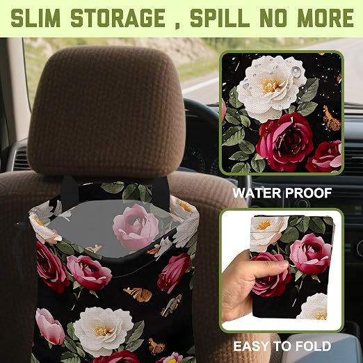 Car Garbage Bag Vintage Roses Floral Butterflies Hanging Canvas Car Trash Bag Waterproof Drawstring Car Back Seat Organizer for Car Back Front Seat Console with Adjustable Buckle