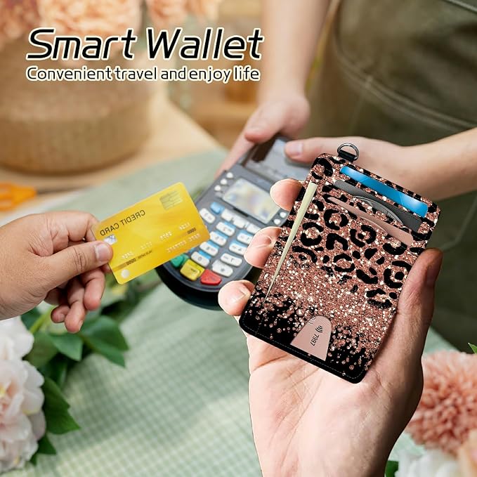 Small Travel Wallets, Leopard Glitter Slim Minimalist Front Pocket Wallet with Wristlet, RFID Blocking PU Leather Credit Card Holder with ID Window Change Purse for Men Women