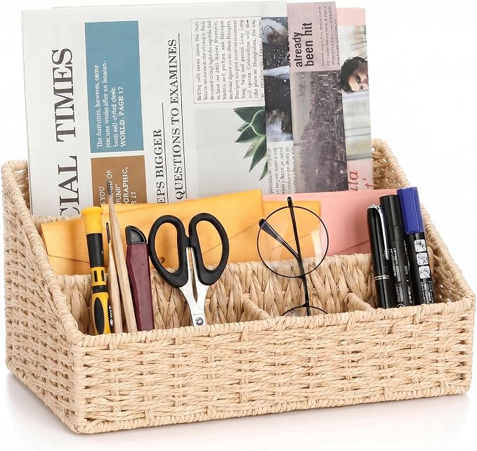 Rattan Mail Organizer - Countertop, Desk, Bills, Woven Basket, Magazine Holder, Mail Sorter, Hobo Organizer，Beige