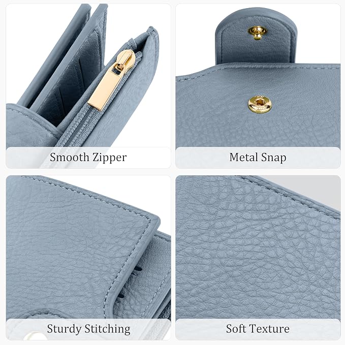 Airkit Small Women's Bifold Wallet, RFID Blocking Credit Card Holder with Zipper, Travel Cute Coin Pocket Wallet for Ladies, Blue