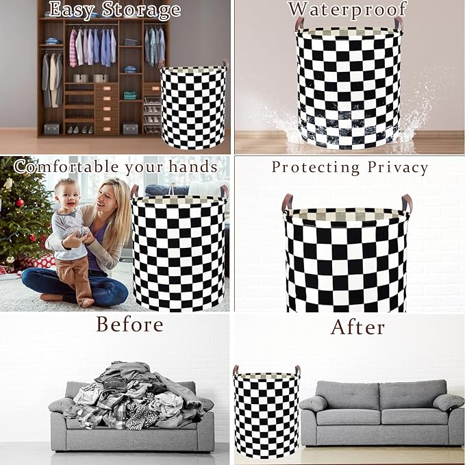 Waterproof Laundry Hamper Collapsible Laundry Basket Leather Handle Laundry Bag Large Clothes Storage Toy Organization for Bathroom Bedroom Laundryroom College Dorms (Hege-002)