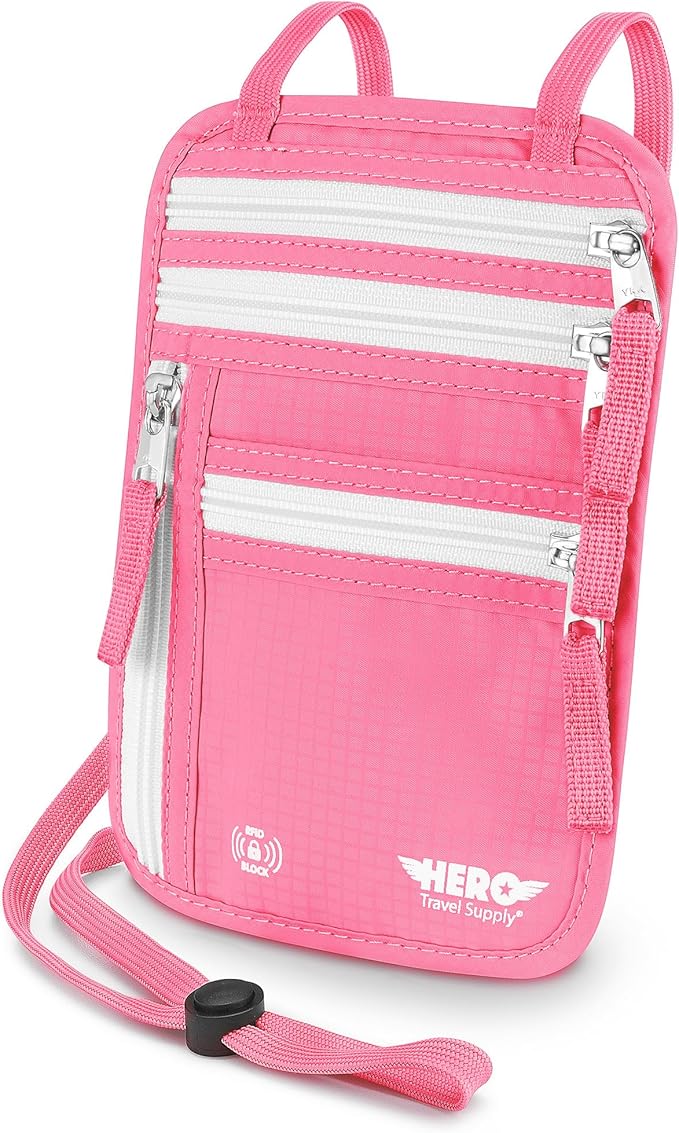 HERO Neck Wallet - RFID Blocking Passport Holder, Easy to Conceal Travel Puch (Hot Pink)