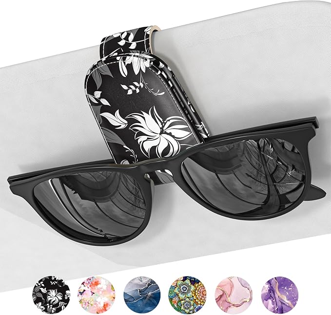 Sunglasses Holder for Car Visor, Magnetic Leather Car Sunglass Holder, Car Sun Visor Glasses Hanger Clip, Car Interior Accessories for Women Men, Fits All Size Eyeglasses