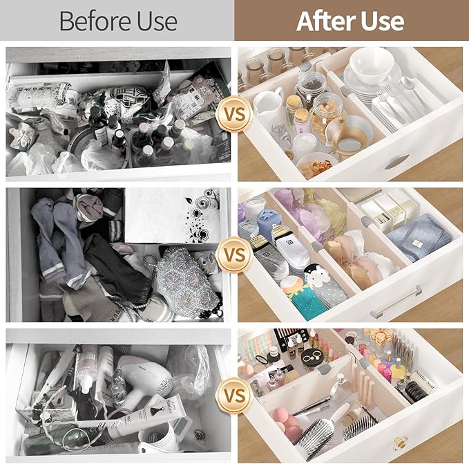 Drawer Dividers Organizer, Adjustable Separators 4" High Expandable from 11-17" for Bedroom, Bathroom, Closet, Clothing, Office, Kitchen (Beige, 8 PACK)