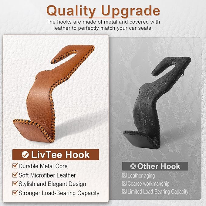 LivTee Brown Superior Leather Car Seat Back Headrest Hook, Auto Seat Hook Hangers Interior Accessories for Purse Coats Umbrellas Grocery Bags Handbag, 2-Pack