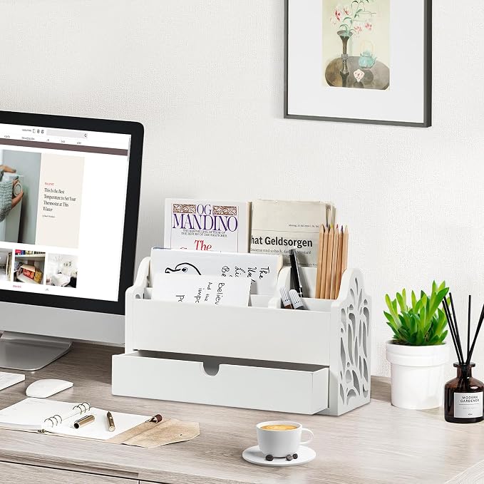 Desk Organizer with Drawer Wood File Office Mail Organizer Countertop-5 Slot Tabletop Storage Pen Organizer Letter Holder for School Home Office Supplies (White)