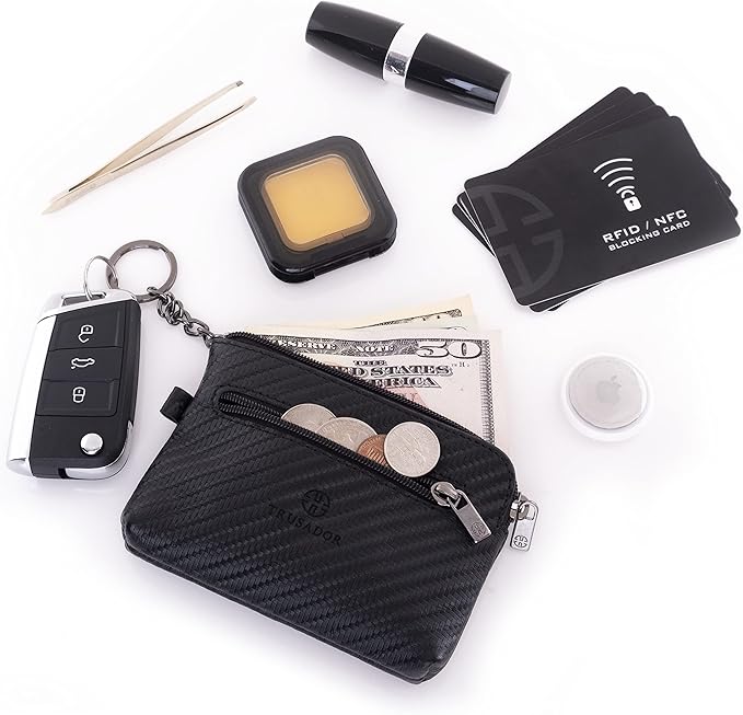 Trusador Milano Unisex Leather Front Pocket Wallet Coin Purse Zipper Pouch with Keychain (Carbon)