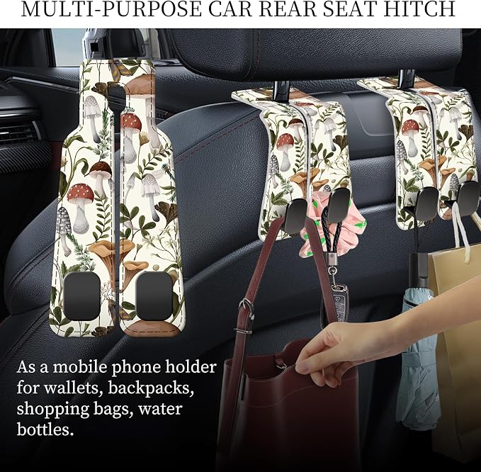 PU Leather Car Seat Hook, Storage Headrest Hanger, Cute Car Backseat Organizer, Car Hooks for Purses and Bags Mushroom Forest Pattern