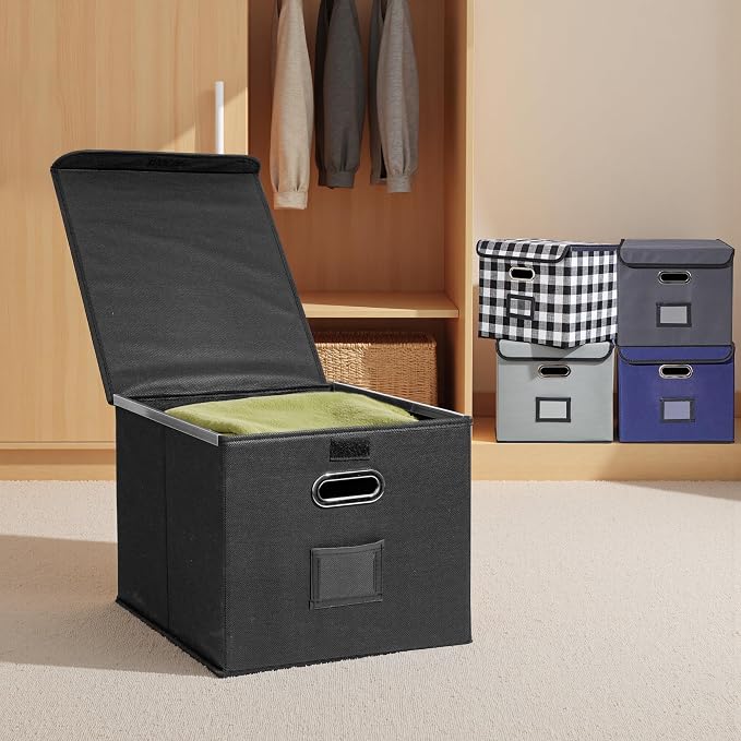 Hleelomi Collapsible File Box with Lid & Plastic Slide - Hanging Document Organizer for Office/Home, 14.96x12.6x10.83 Inch,Decorative Home File Bin,Black, 1 Pack (No Folders Included)