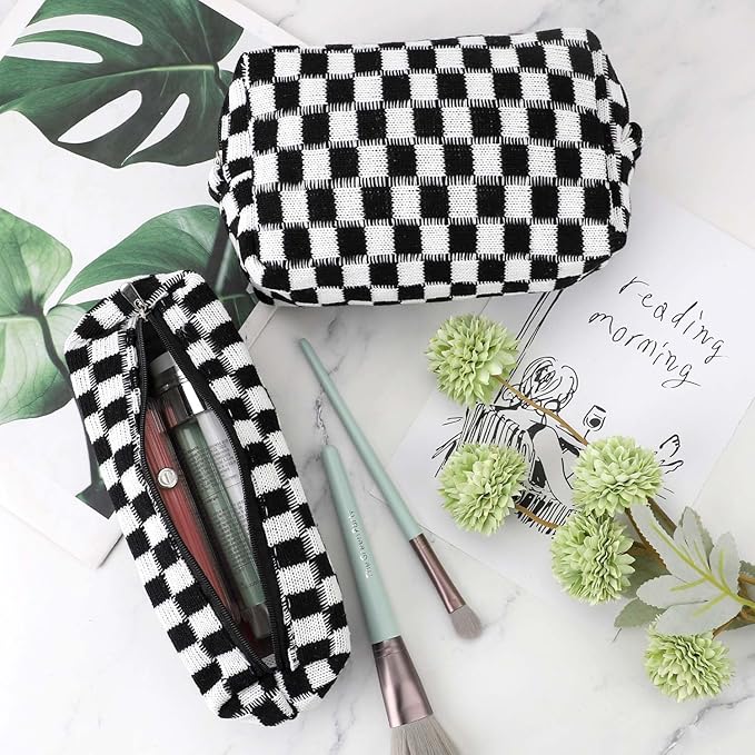 3 Pcs Makeup Bag Cosmetic Bag Set for Girls Women Checkered Travel Organizer Bathroom Toiletry Pouch Large Capacity Storage Bag (Black-White)