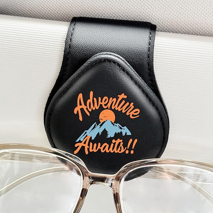 Adventure Awaits - Car Sunglass Holder, Magnetic Leather Eyeglass Hanger Mount Clip Holder for Car Visor Accessories