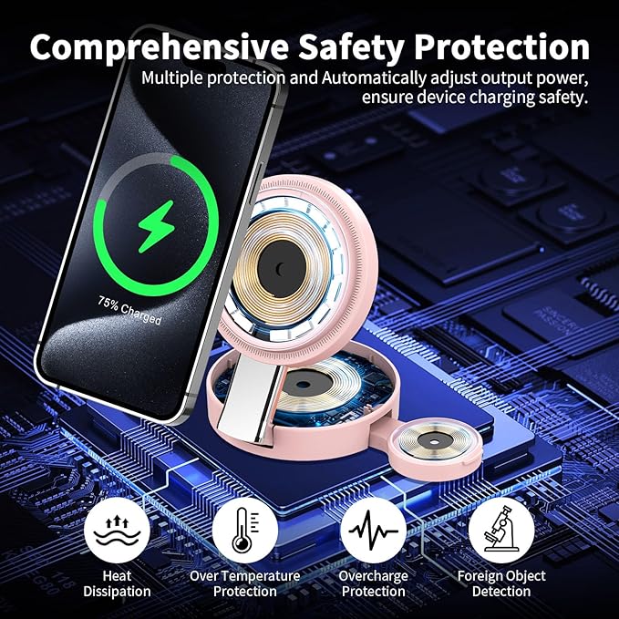 3 in 1 Magnetic Wireless Charging Station for iPhone 17/16/15/14/13/12 Series, Apple Watch and AirPods, MagSafe-Compatible 15W Fast Charging Stand, Foldable Adjustable Travel Charger, Pink