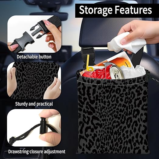 Car Trash Bag Large Hanging Can for Back of Seat, Cute Waterproof Car Garbage Bag for Vehicle, Travelling, Outdoor Luxury Black Leopard