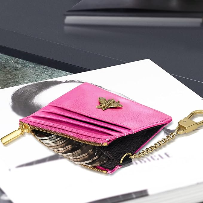 SEAVILIA Card Holder Keychain Wallet for Women with ID Window RFID Coin Purse Bee Gifts Slim Minimalist Small Wallet