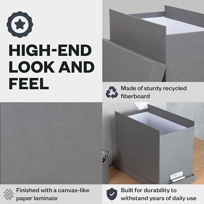 Bigso John Fiberboard Label Frame Desktop File Storage Box - Document Organizer for Important Paperwork - Durable Hanging File Box with a Lid & Metal Label Window - 7.36 x 13.38 x 10.51 in - Grey