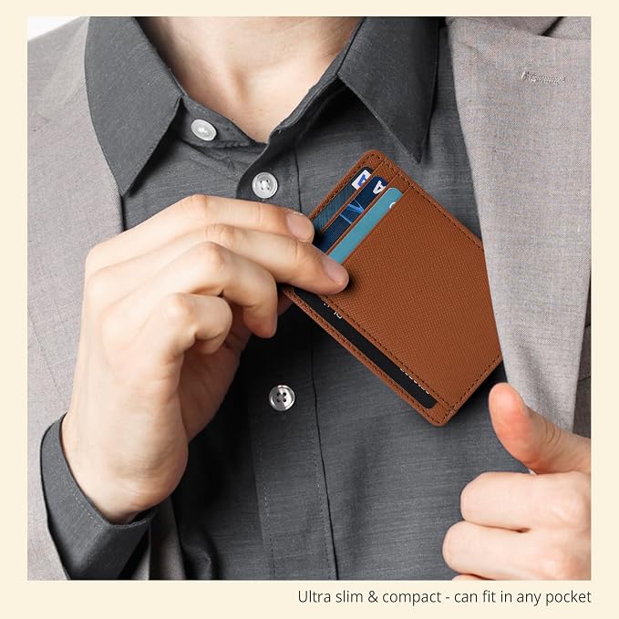 Real Leather Slim Minimalist Wallet for Men and Women -RFID Blocking Front Pocket Thin Credit Card Holder Stylish Wallets (Cognac)