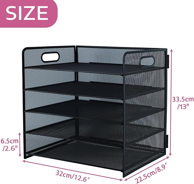 5 Tier Lettrer Tray Organizer with Handle, Metal Mesh Desk File Organizer with Sliding Trays, Paper Sorter Desk for Home Office School, Black
