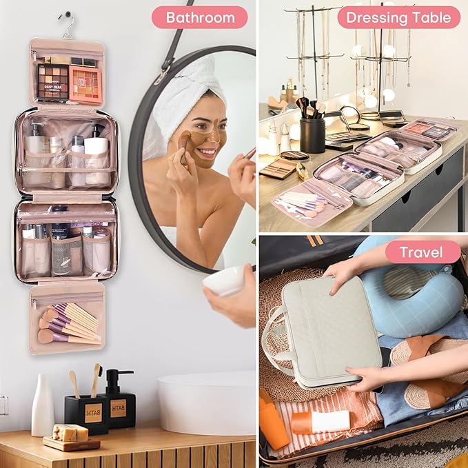 HXLGMD Travel Size Toiletry Bag for Women, Portable Cosmetic Bag with Hanging Hook, Travel Essentials Water-resistant Makeup Organizer for Accessories, Shampoo, Full-size Container, Toiletries