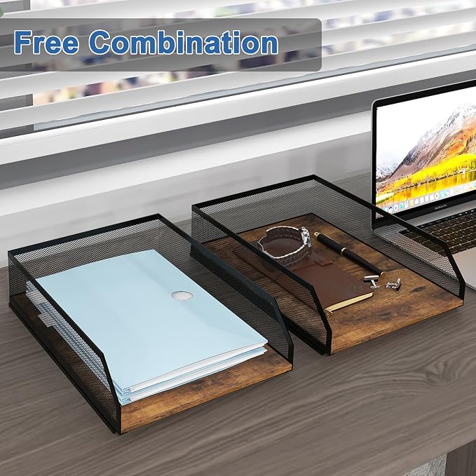 Natwind 2-Tier Stackable Metal Mesh Paper Organizer with Sliding Tray,Retro | Wooden Desk Organizer, Letter Tray For Desktop,File Holder For Home Office School Classroom Organization