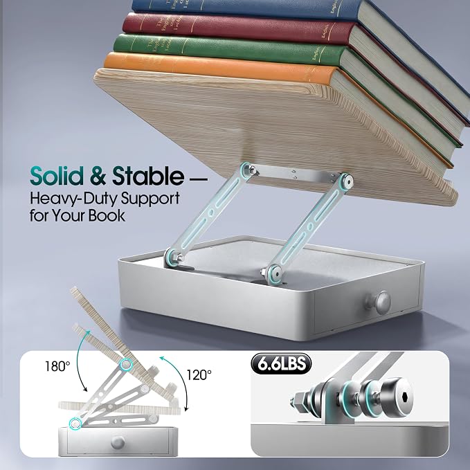 Book Stand with Storage Drawer, Heavy-Duty Adjustable Wooden Reading Stand for Desk, Ergonomic Height & Angle Book Holder for Textbooks, Cookbooks (White Ash Finish, 10.5" x 15.5" XL Panel)