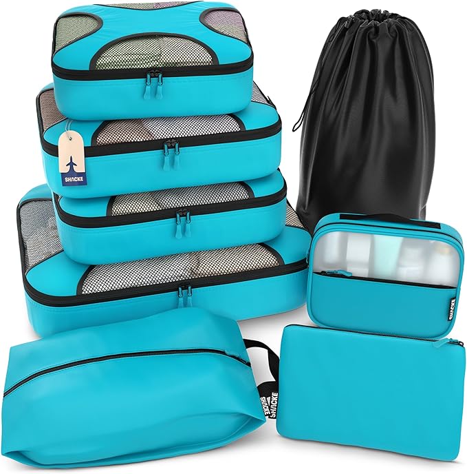 Shacke Packing Cubes for Travel 8 Set - Premium Luggage Organizer Bags - Versatile Travel Organizer for Women and Men - Optimized Packing Bags - Travel Essentials (Aqua Teal)