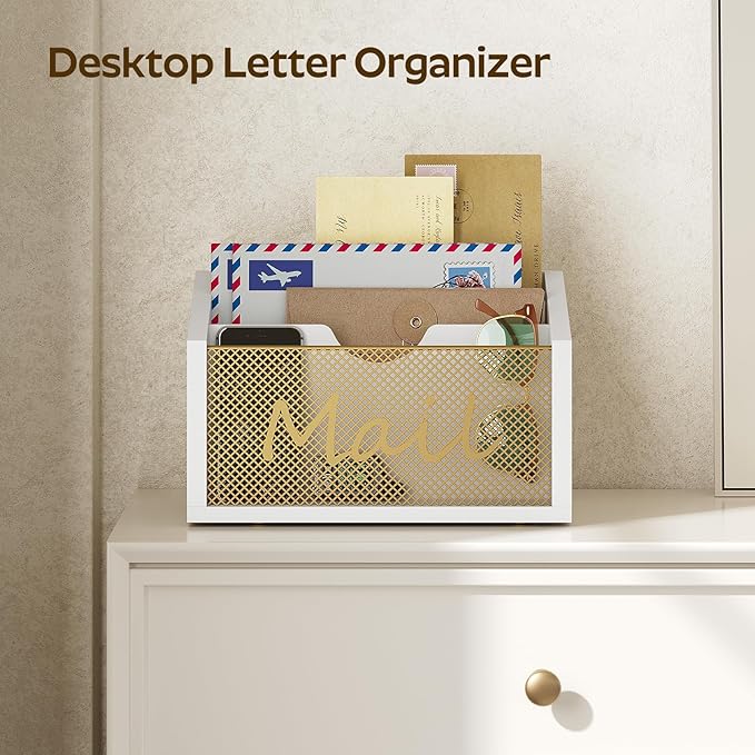 YATINEY Mail Organizer Countertop, Mail Holder with 3 Slots, Mail Sorter for Desk, Wooden Office Desk Organizer, Mail Organizer for Magazines, Files, Papers, Folders, White and Gold MR03DW
