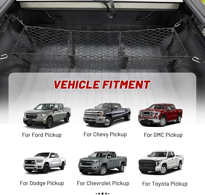RED WOLF 3 Pocket Truck Bed Cargo Net for Toyota Ford Dodge GMC Chevy Silverado, Universal Pickup Mesh Storage Net 47.2" x 11.8" Stretchable Elastic Truck Bed Grocery Holder Net with 4 Ball Bungees