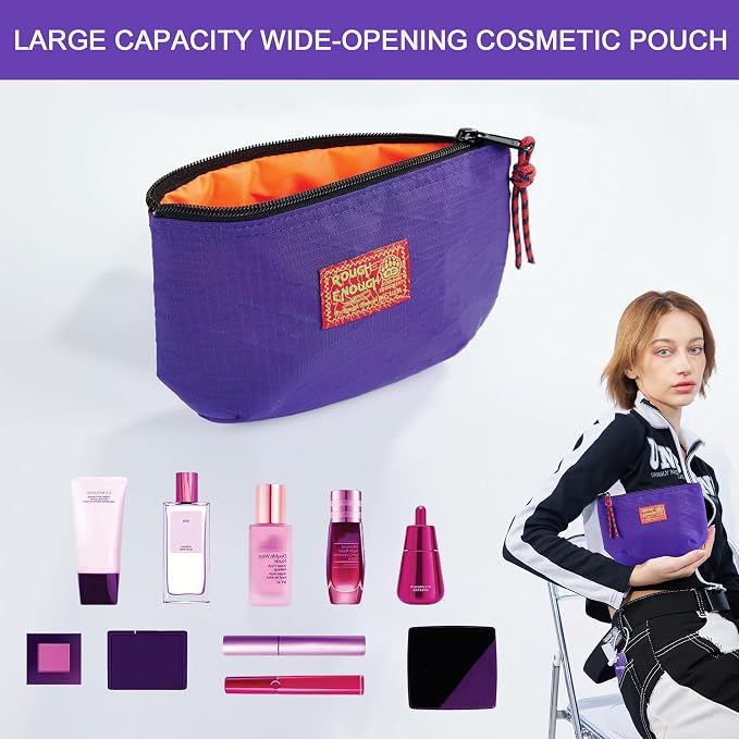 Rough Enough Small Cosmetic Bag for Travel Women Makeup Pouch Cute Compact Leak-Resistant Organization Storage Bags with YKK Zipper Purple