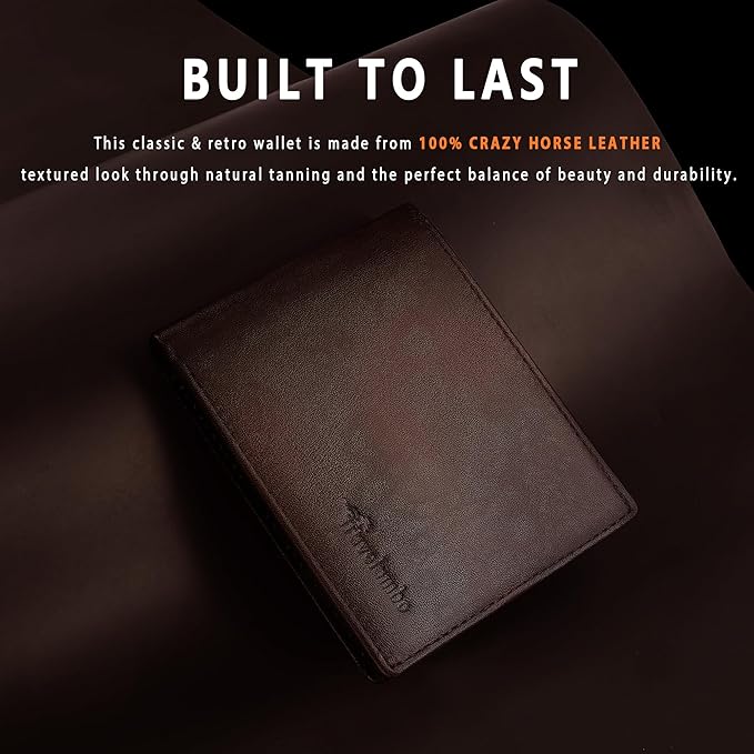 Travelambo Genuine Leather Wallet for Men with Gift Box - Handmade Bifold Stylish - Mens Wallets Rfid Blocking with 2 ID Windows