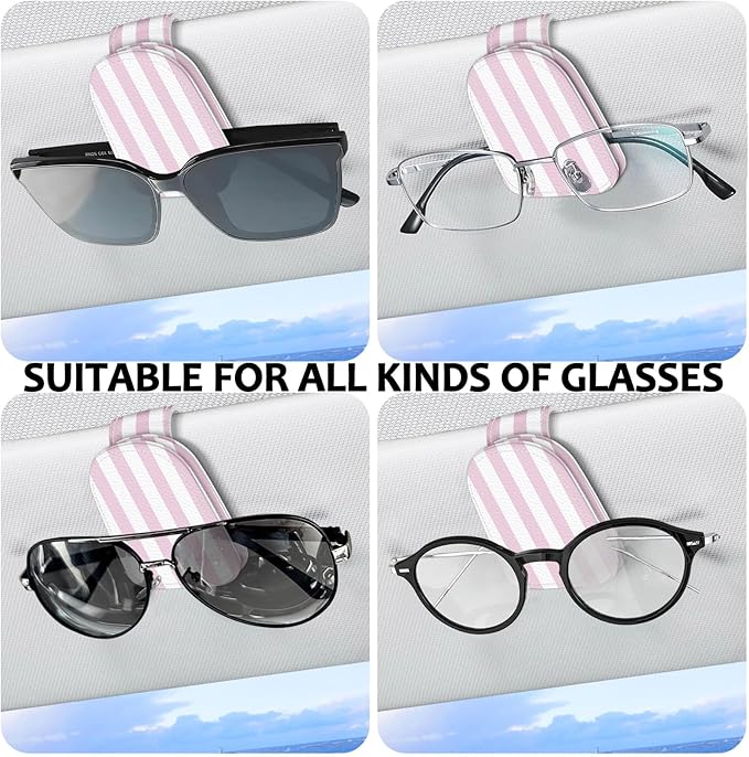 2 Pack Magnetic Leather Sunglass Holder, Universal Magnetic Car Eyeglass Hanger Clip for Different Size Eyeglasses, Car Visor Accessories (Pink Stripes)
