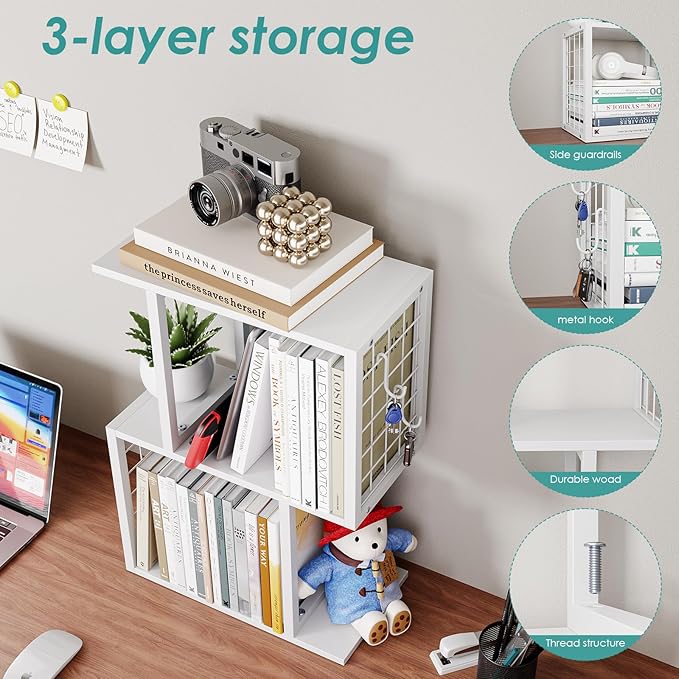 Desktop Bookshelf Organizer, White 3-Tier Desk Shelf with Metal Hook Workspace Organizers for Desk Organization and Office Storage Table Bookcase
