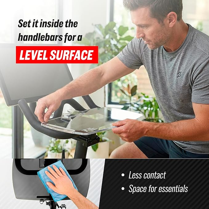 TFD The Tray V2 for Peloton Bike Original Models, Flat Acrylic Desk Tray with Phone and Pen Holders, Laptop and Tablet Tray for Work, Reading, or Viewing While Riding, Clear