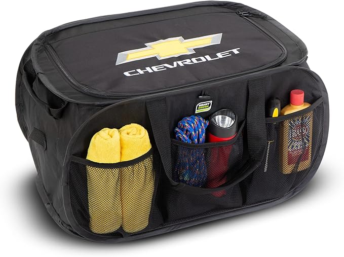 Smart Design Pop Up Chevy Trunk Organizer with Easy Carry Handles, Side Pockets, and Zipper Top - Collapsible Design - Holds 50 lbs. - Durable Fabric - 23 Inch - Home Organization - Chevrolet