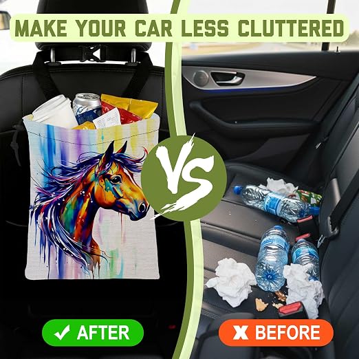 Car Garbage Bag Abstract Watercolor Horse Hanging Drawstring Car Organizer and Storage Bag with Adjustable Buckle Canvas Garbage Bin for Back Seat or Hanging Headrest Car Decor Road Trip Essentials