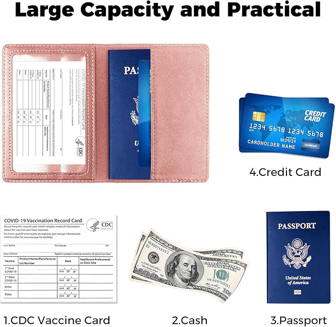 Passport Holder for Travel Men Women - Passport Cover, Passport Wallet Case Travel Essentials Travel Must Haves Accessories Blocking Leather Card Slot Protector for Stocking Stuffers Gifts, Rose Pink