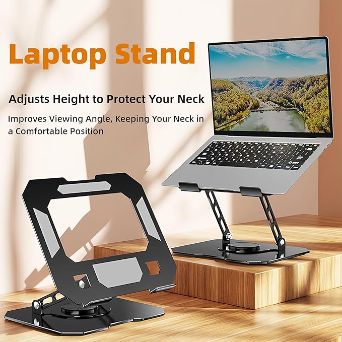 Laptop Stand for Desk - Ergonomic Aluminum Alloy Computer Riser, 360° Rotating & Adjustable & Foldable, with Large Hollow Cooling, Stable Holder for MacBook, Dell, HP, Notebook(10-17"), Blk