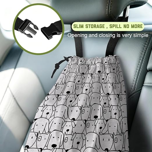 Car Trash Bag Abstract Dog Hanging Drawstring Car Organizer and Storage Bag with Adjustable Buckle Canvas Garbage Bin for Back Seat or Hanging Headrest Car Decor Road Trip Essentials