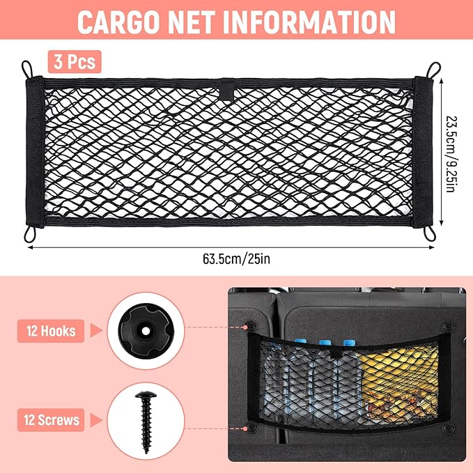 3pcs Small Cargo Net Pocket Elastic Mesh Netting 25inx9.25 Inch Stretchable Automotive Cargo Net Storage Pouch with Metal Hook and Screws Universal for Trunk RV Boats SUV