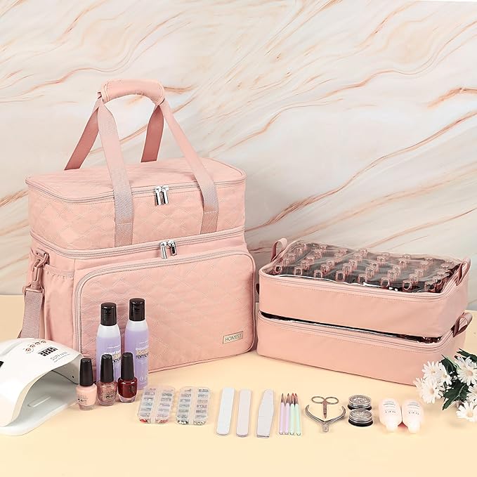 HOMEST Double Layer Nail Polish Organizer Holds 80 Bottles (15ml/0.5 fl. oz) and a Lamp, Case with 2 Removable Pouches for Manicure Tools Storage, Pink(Bag Only)