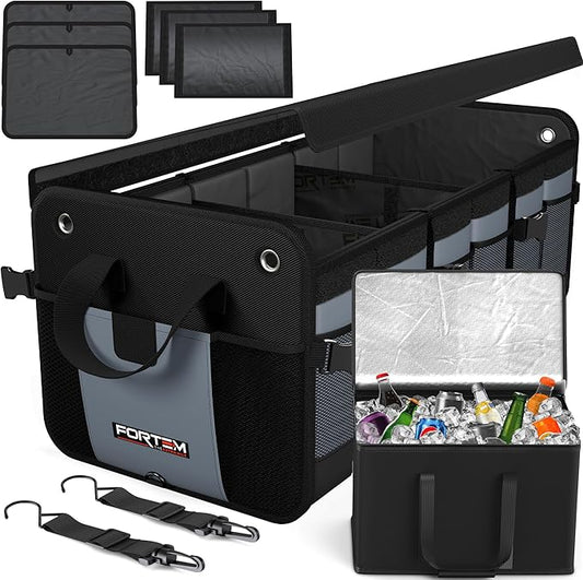 FORTEM Trunk Organizer with Cooler For SUV Car Organizer and Storage, Collapsible Multi-Compartment, Perfect Christmas Gifts For Men, Women, 1680D Oxford, Non Slip Bottom, Straps, Soft Cover 110L