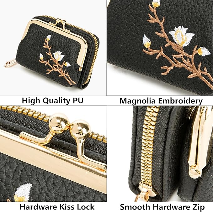 Women's Pebble Leather Wallet, 2-in-1 Zip-Around Credit Card Holder with Kiss Lock Coin Purse, Cute Change Purse with Secure Clasp & Card Slots (Black, Small)