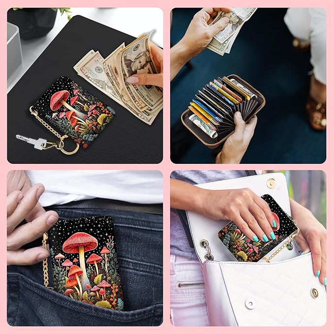 Blusabaca RFID Credit Card Holder Wallets for Women, Small Card Case Wallet with Keychain and Zipper, Mushrooms Leather Card Holder Pocket Business Card Accordion Wallet