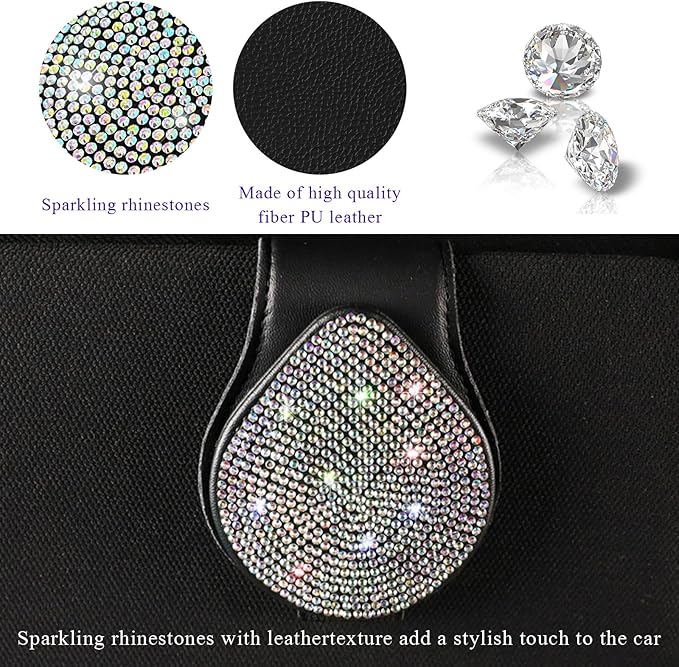 KVAEY Bling Sunglass Holder for Car Visor, Magnetic Leather Visor Clip Glasses Holder with Sparkling Rhinestones, Crystal Visor Ticket Card Clip for Women Girls, Car Accessories (Black & Colorful)