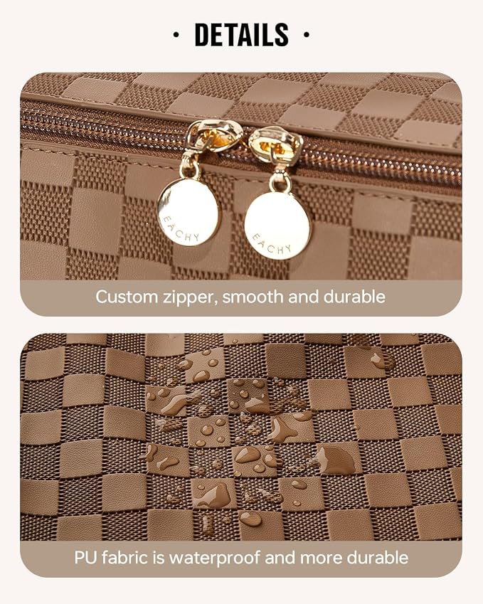 EACHY Travel Makeup Bag, Large Capacity Cosmetic Bag for Women, Waterproof PU Leather, Flat Open Portable Toiletry Bag for Skincare, Brushes & Travel Essentials