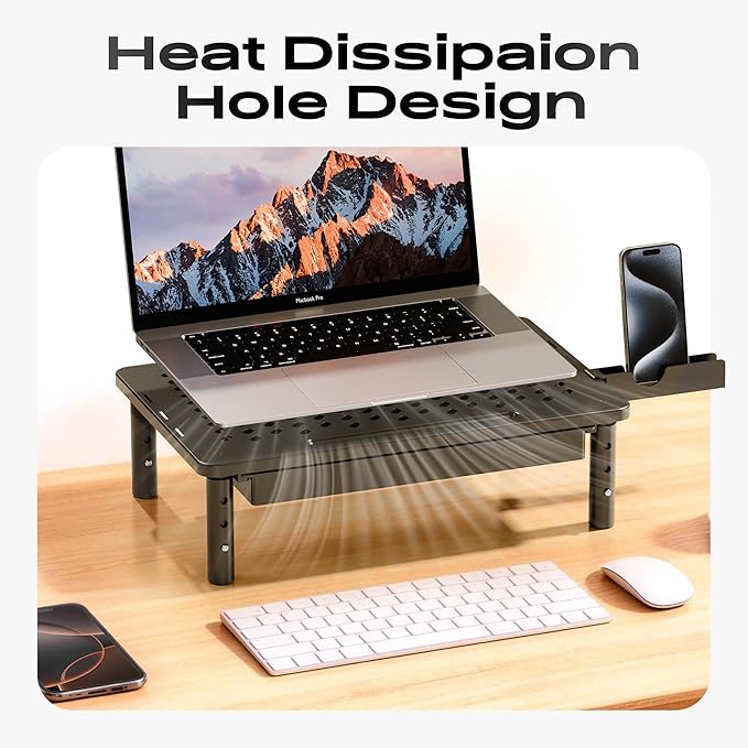 Computer Monitor Stand Riser with Storage, 3 Height Adjustable Laptop Desktop Monitor Stand with Drawer, Metal Short Printer Table, Stand Riser for Desk, Office Desk Organizers and Accessories, 2 Pack